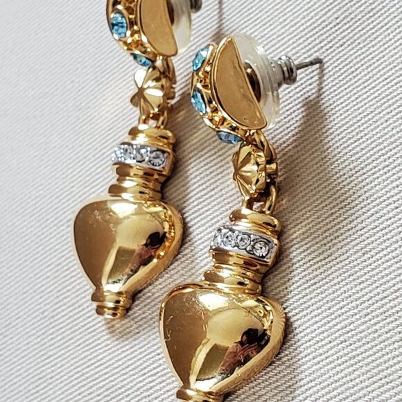 Vintage Grecian Drop Earrings - Gold tone with Aquamarine and Clear Rhinestones - Picture 6 of 9